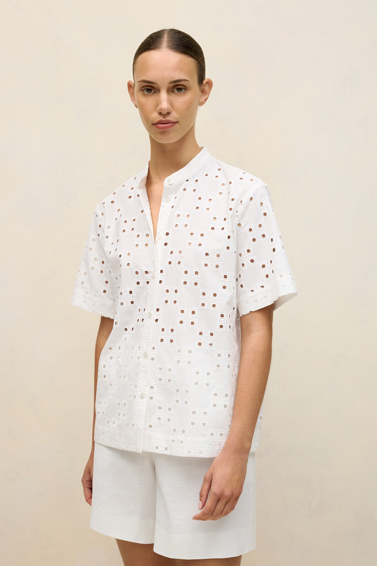 Cotton Geo Cutwork Short Sleeve Shirt
