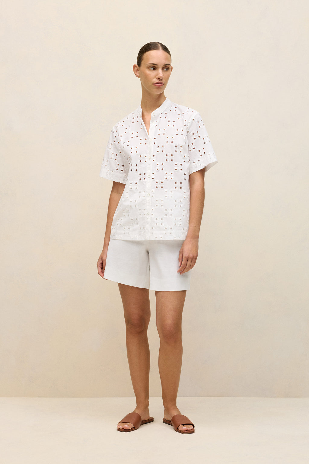 Cotton Geo Cutwork Short Sleeve Shirt