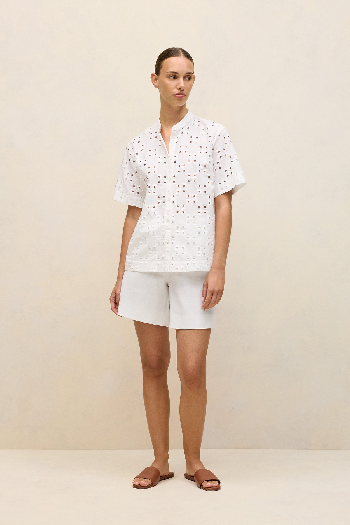 Cotton Geo Cutwork Short Sleeve Shirt