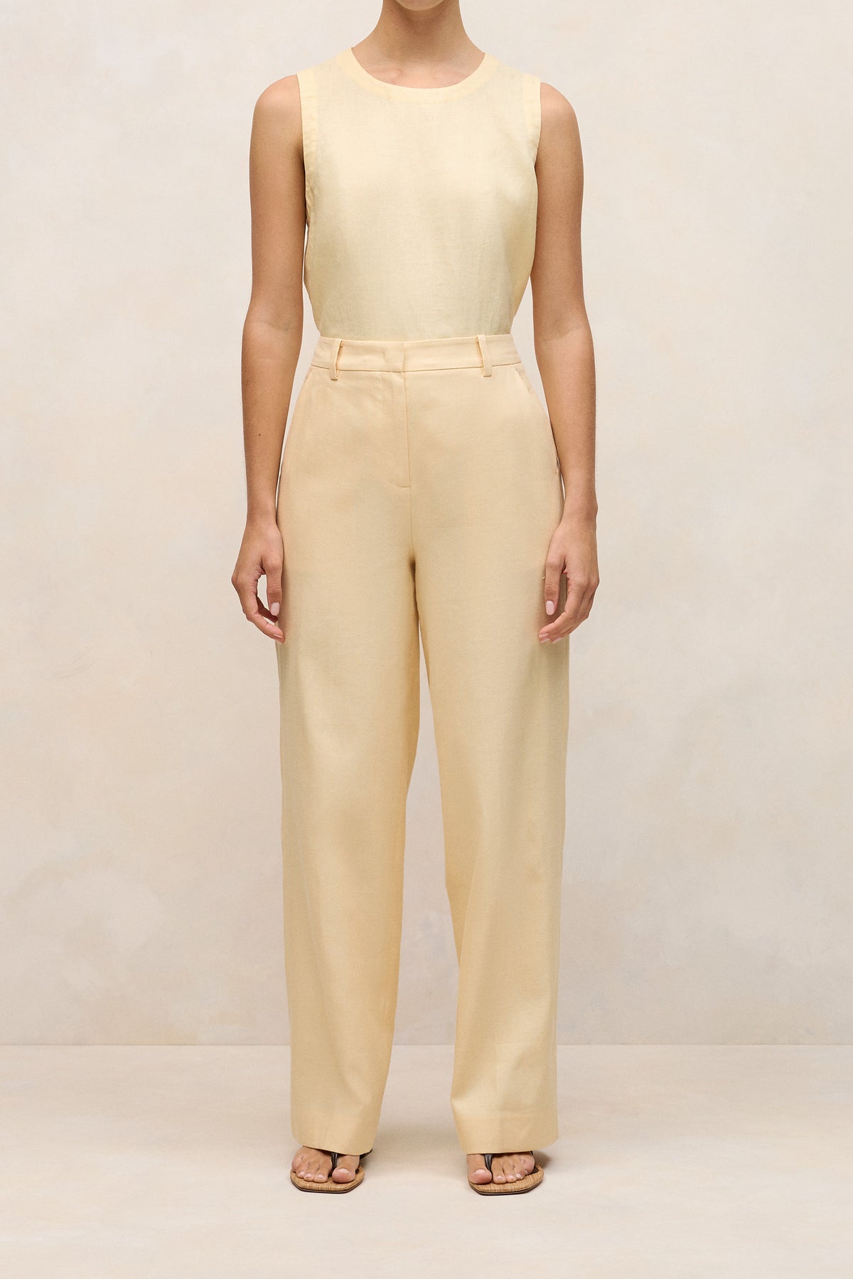 Linen Cotton Herringbone Tailored Wide Leg Pant