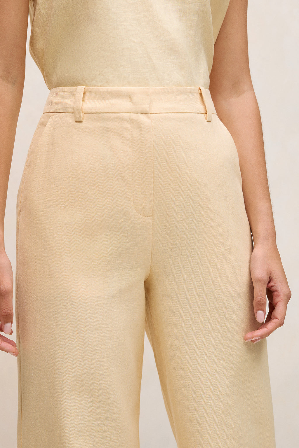 Linen Cotton Herringbone Tailored Wide Leg Pant