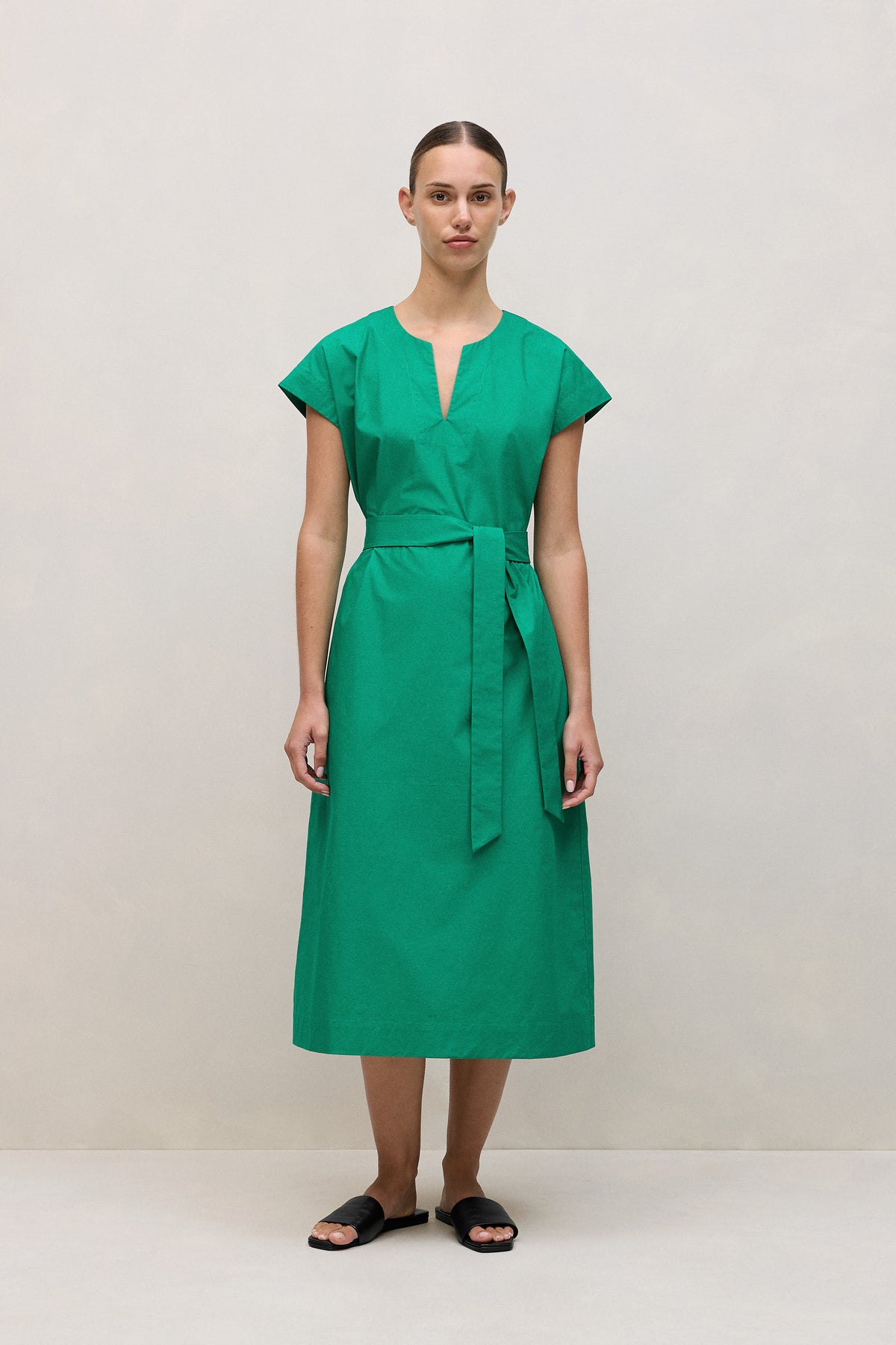 Cotton Poplin Cap Sleeve Belted Dress