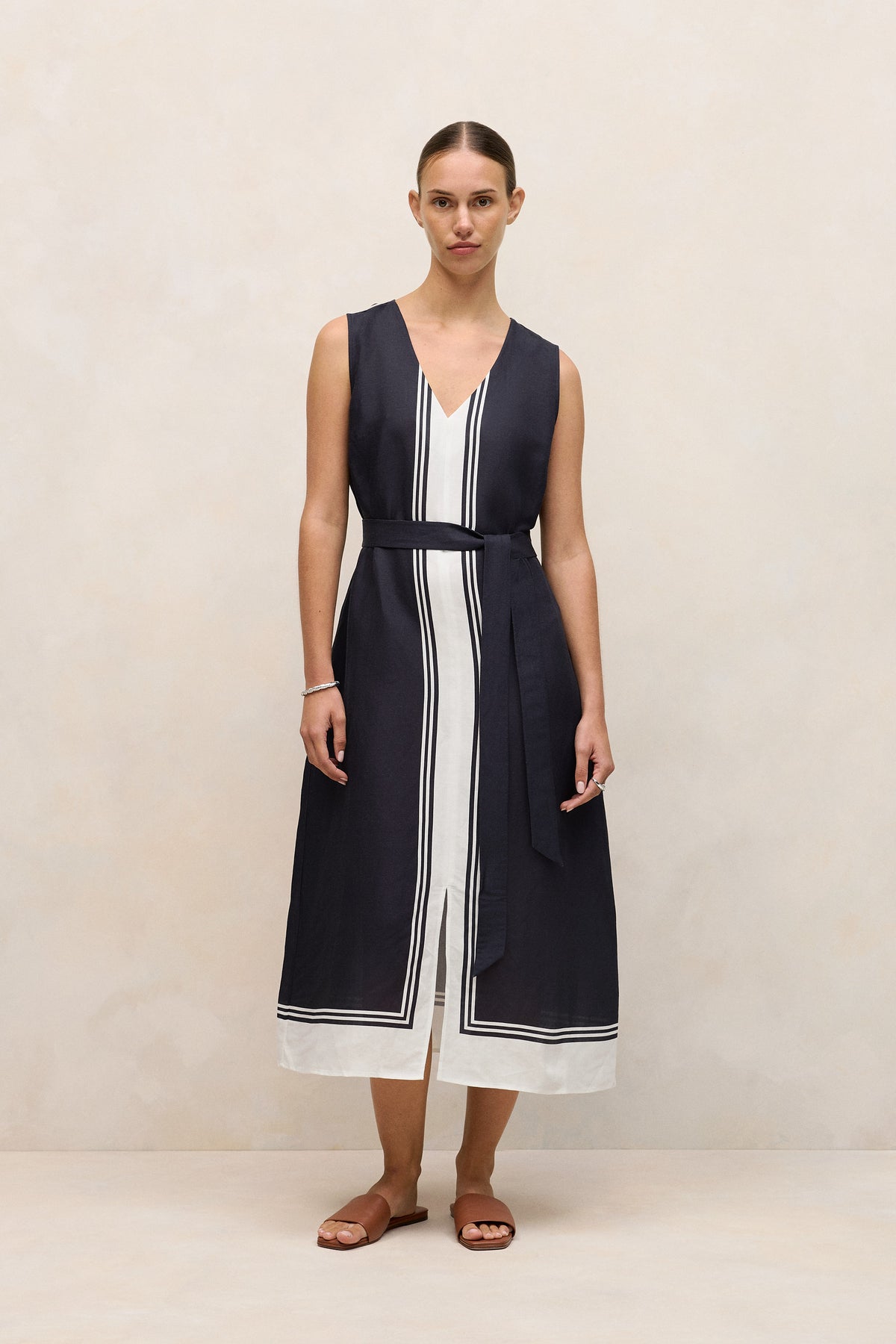 Linen Blend Border Print Dress