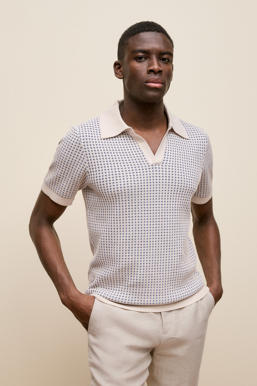 Texture Knit Collared Short Sleeve Polo