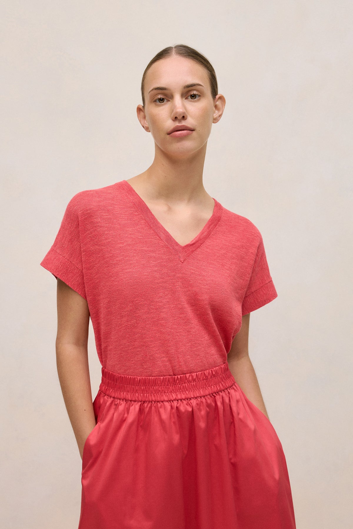 Linen Cotton Relaxed V Neck T-Shirt
