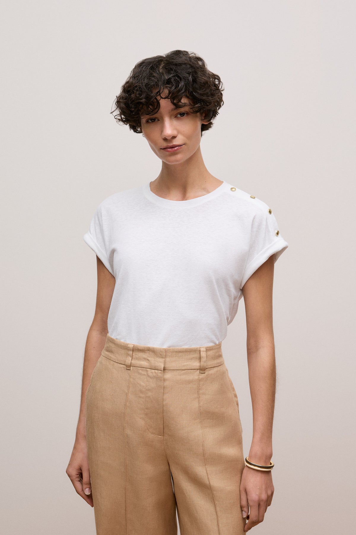 Linen Cotton Button Detail T-Shirt
