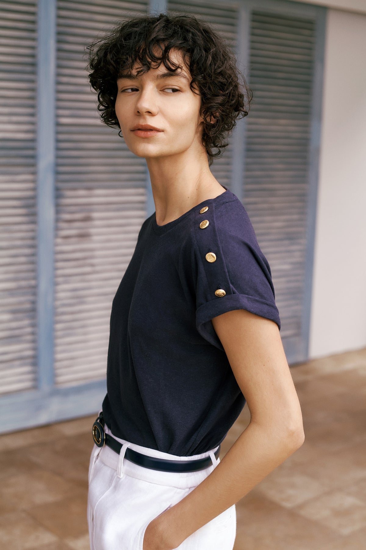 Linen Cotton Button Detail T-Shirt
