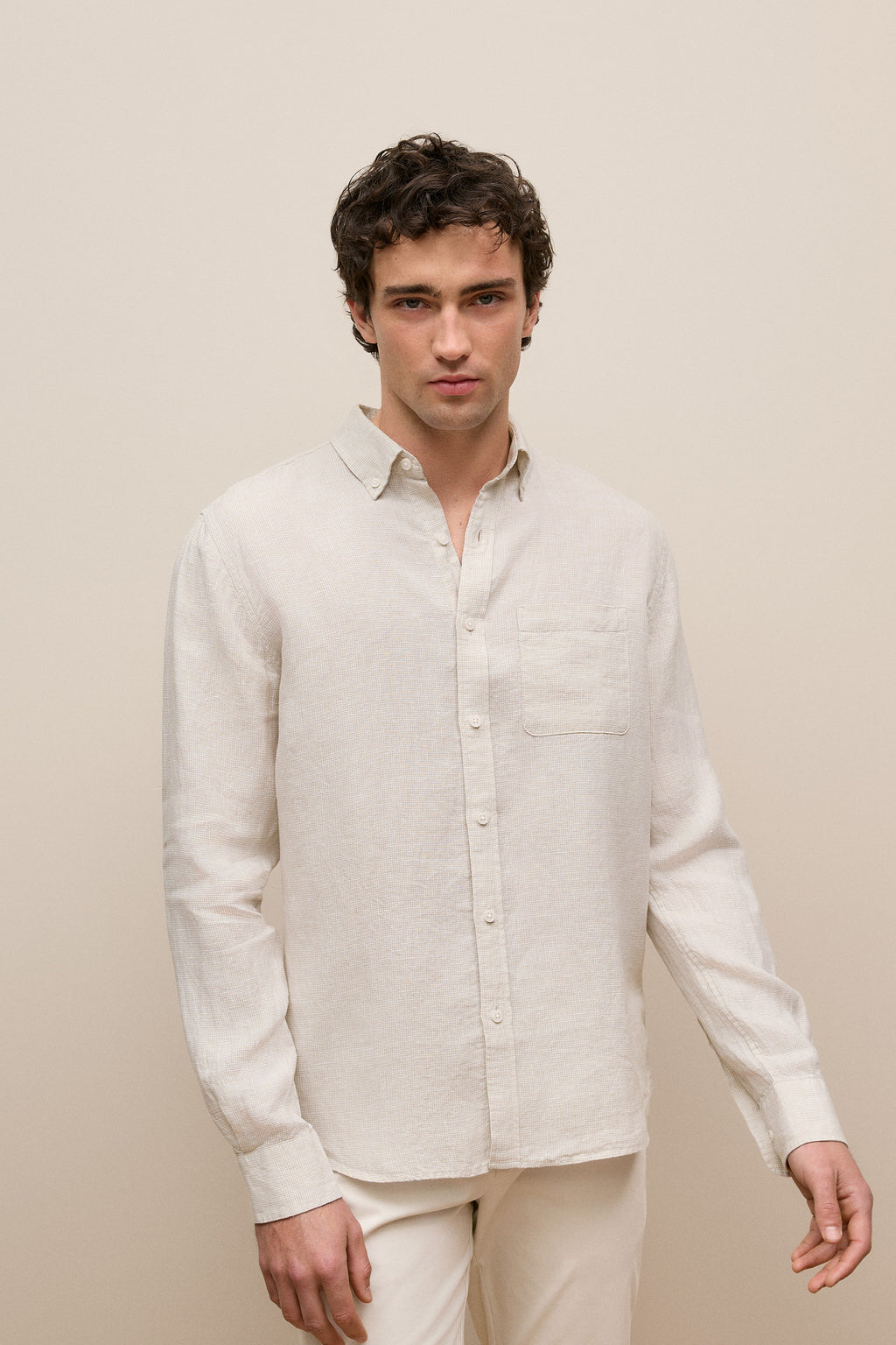 Regular Fit Linen Micro Check Long Sleeve Shirt