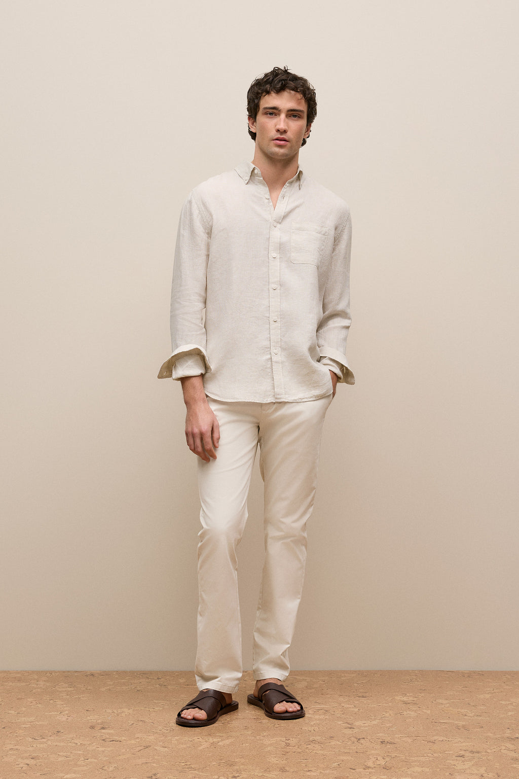 Regular Fit Linen Micro Check Long Sleeve Shirt