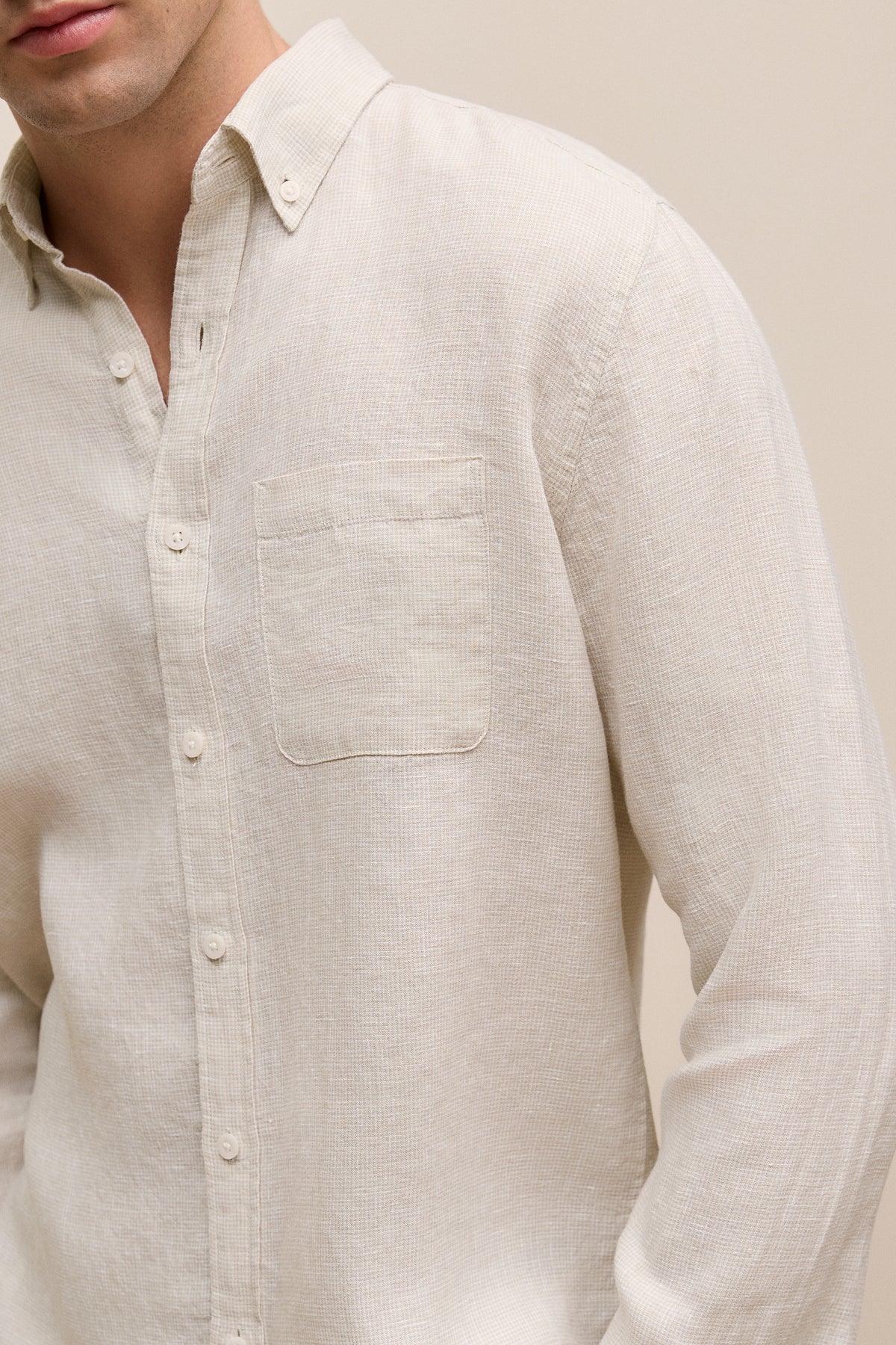 Regular Fit Linen Micro Check Long Sleeve Shirt