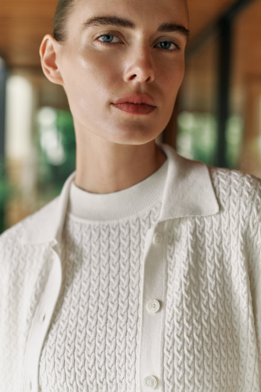 Cotton Cashmere Cable Mock Neck Knit