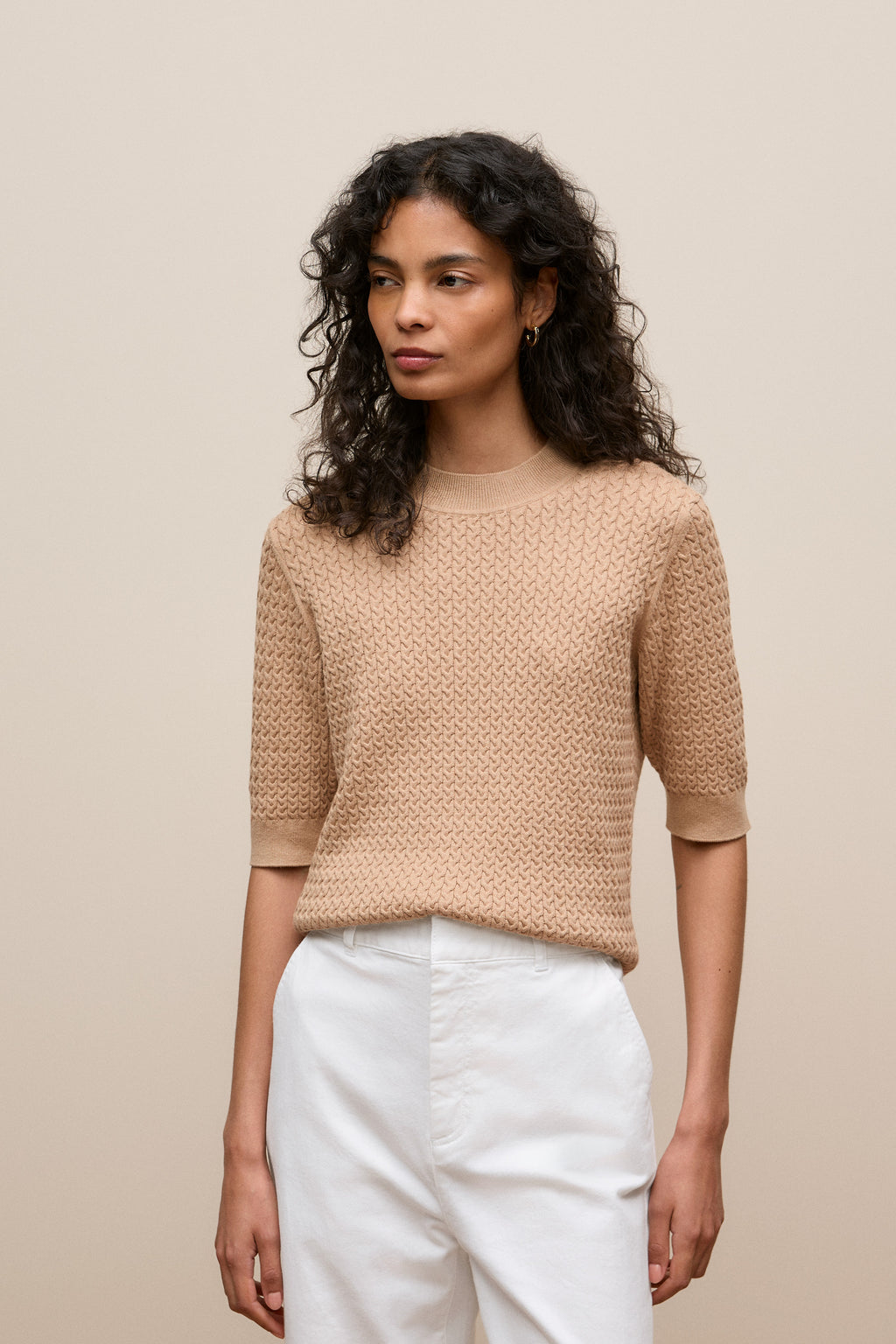 Cotton Cashmere Cable Mock Neck Knit