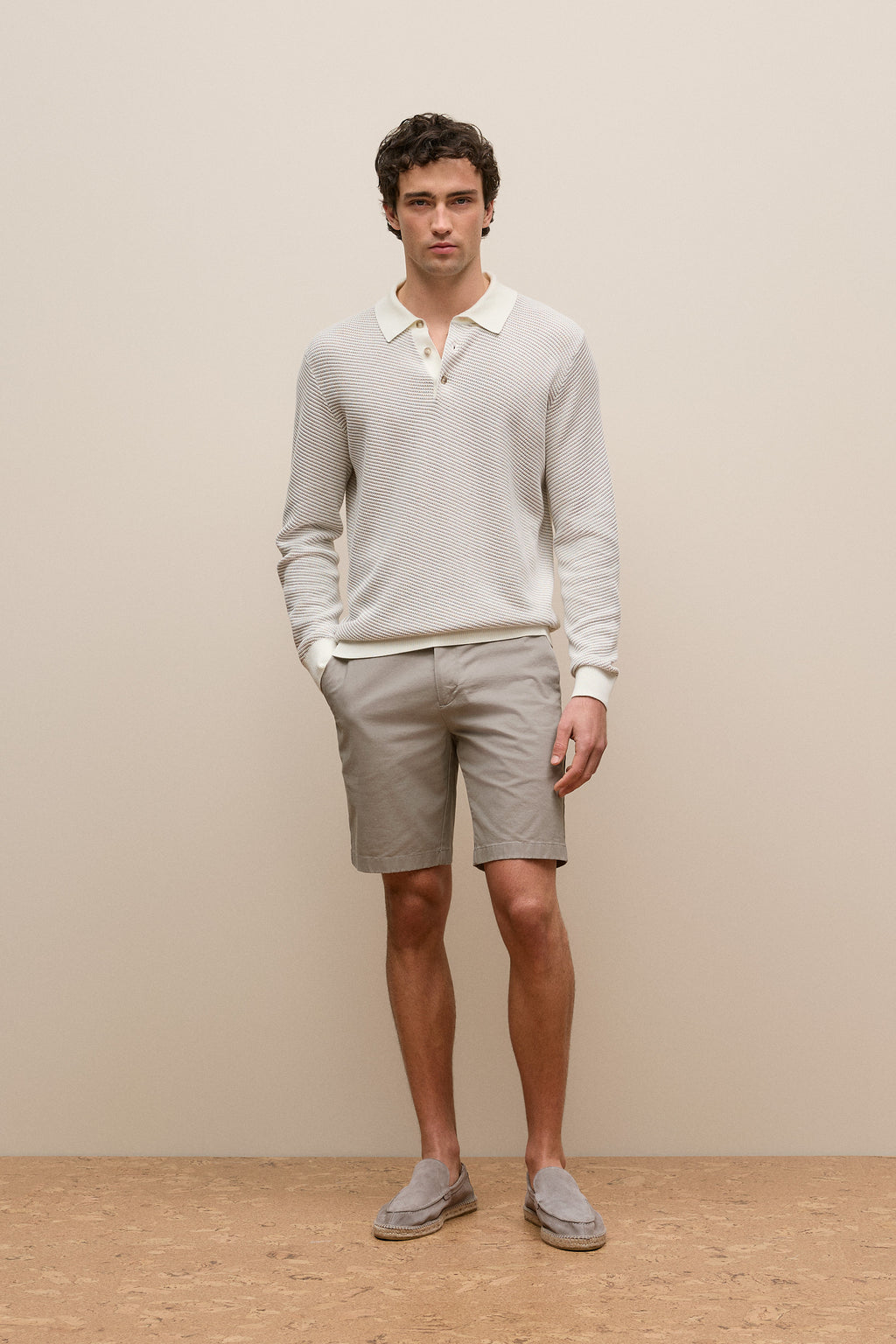 Linear Texture Knit Long Sleeve Polo