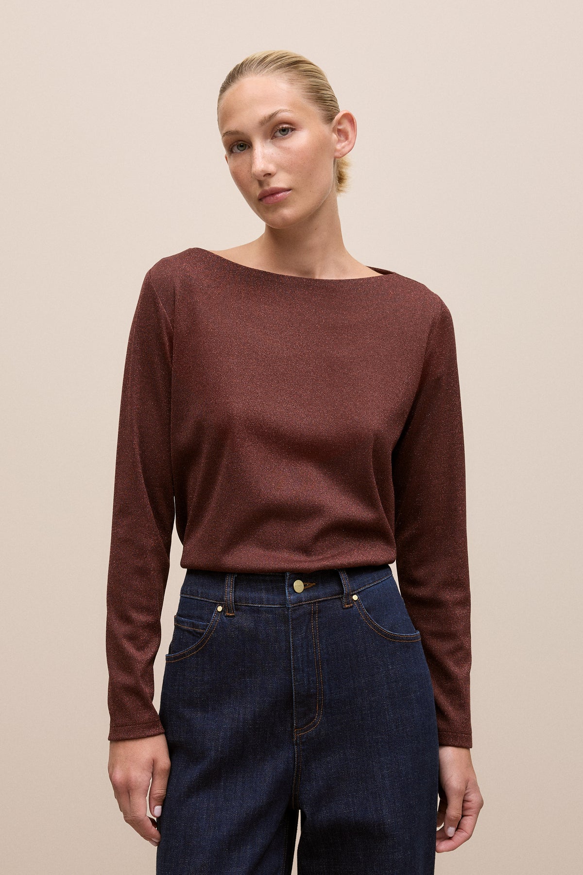 Metallic Boat Neck Long Sleeve T-Shirt
