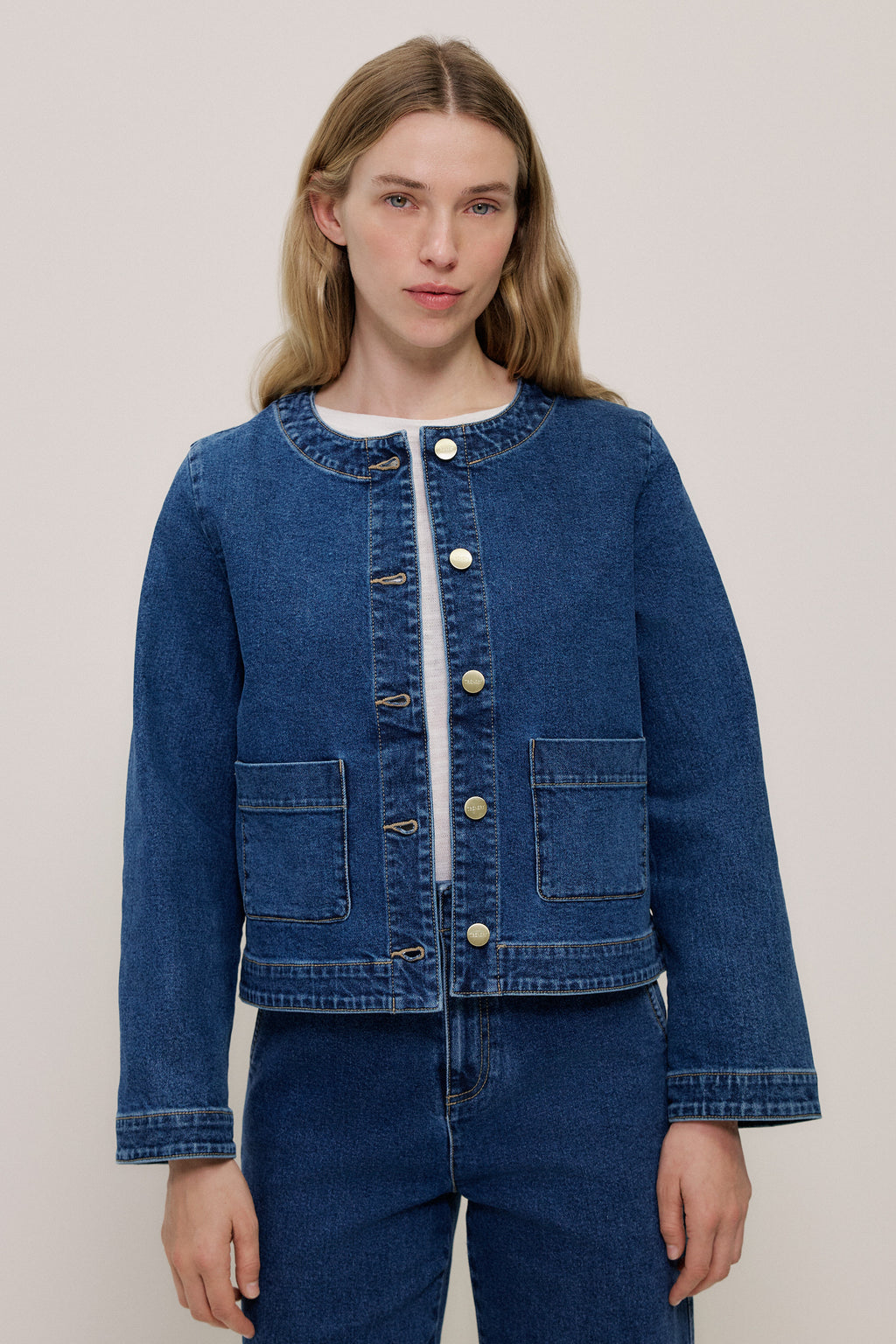Collarless Cropped Denim Jacket