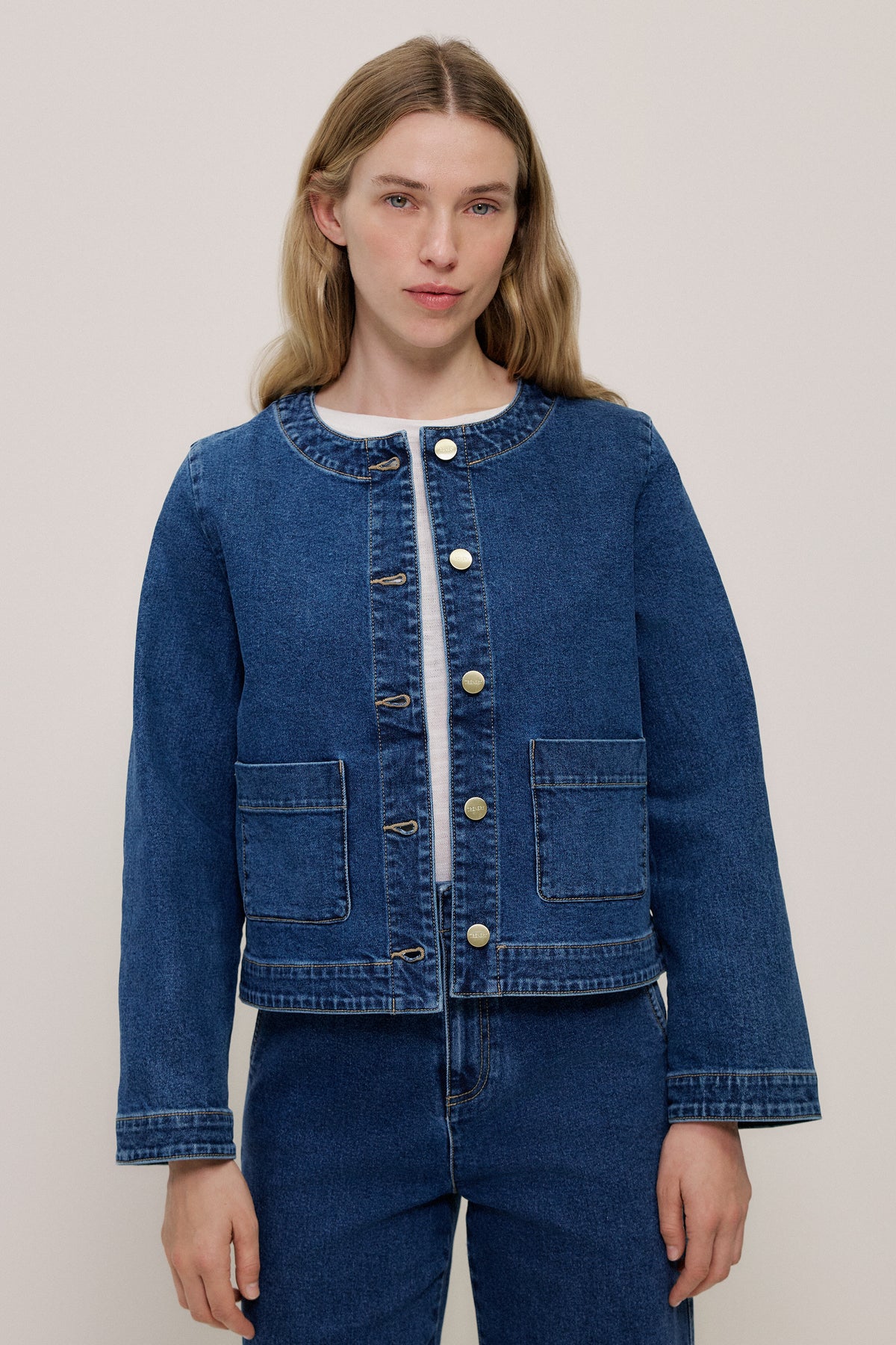 Collarless Cropped Denim Jacket