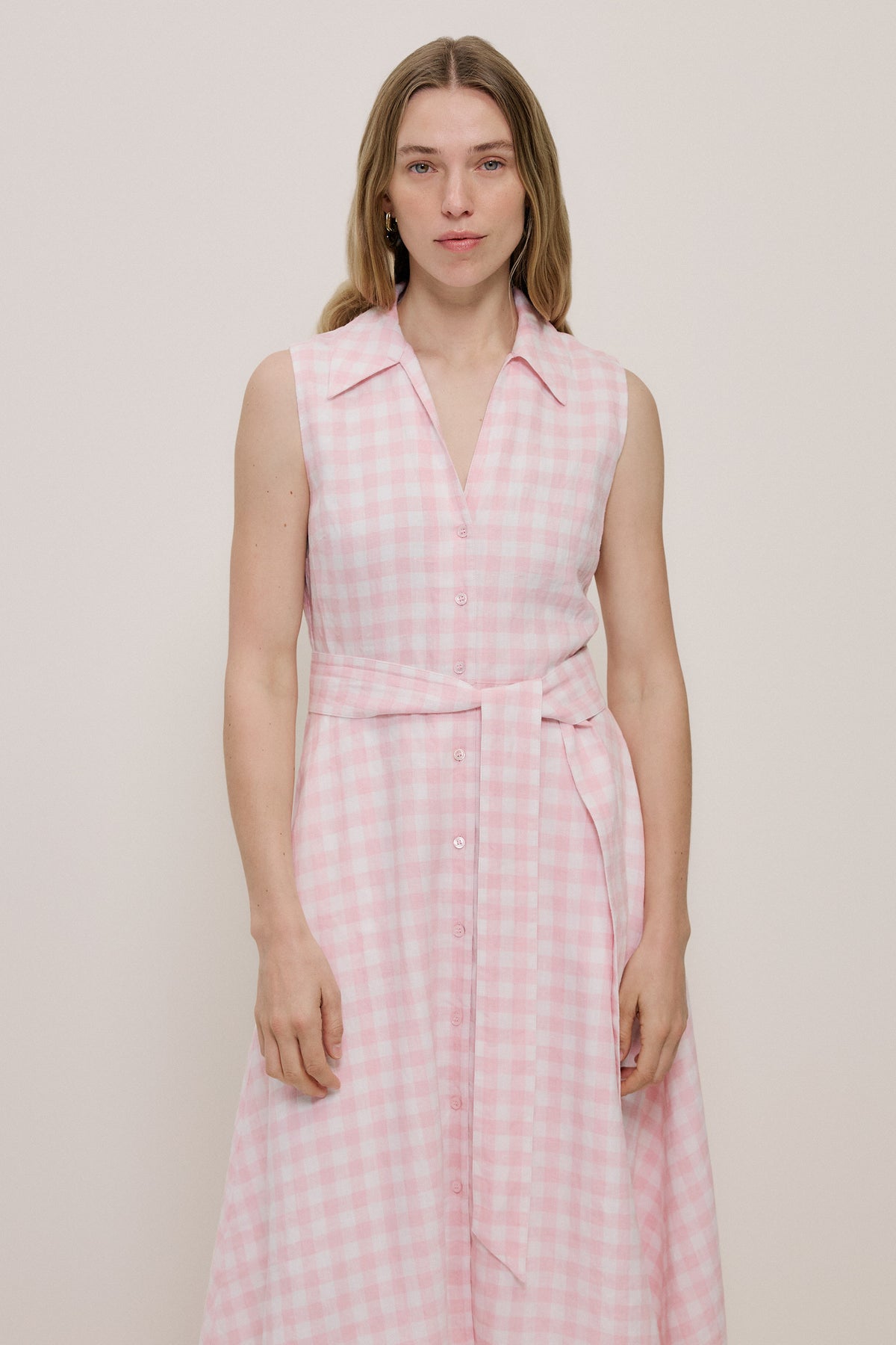 Gingham Linen Sleeveless Shirt Dress