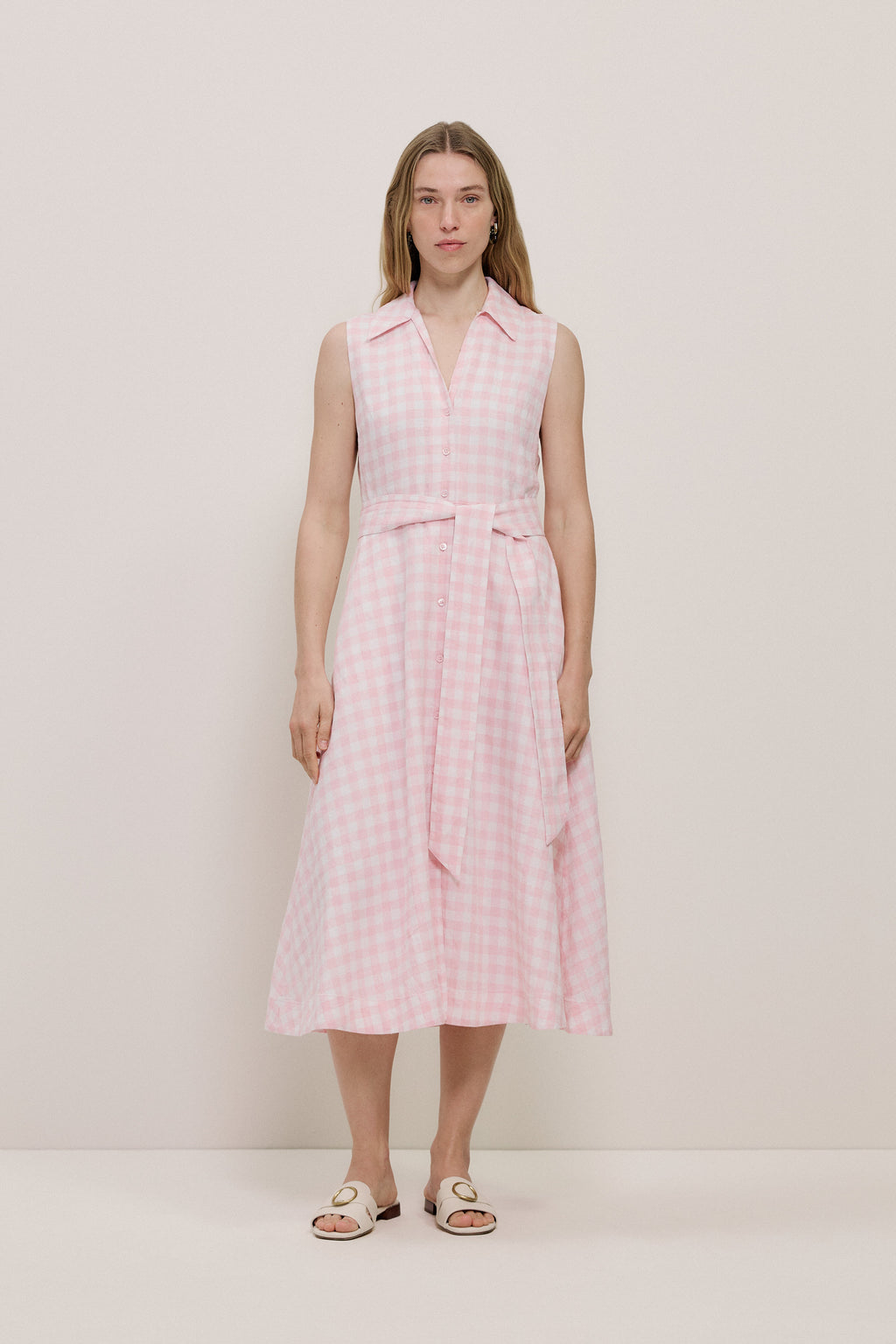 Gingham Linen Sleeveless Shirt Dress
