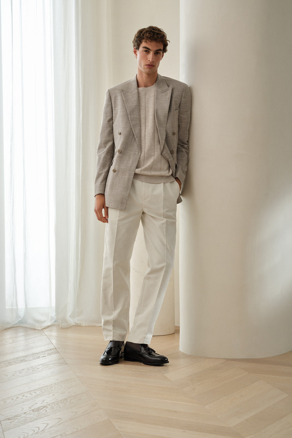 Textured Wool Blend Double Breasted Blazer