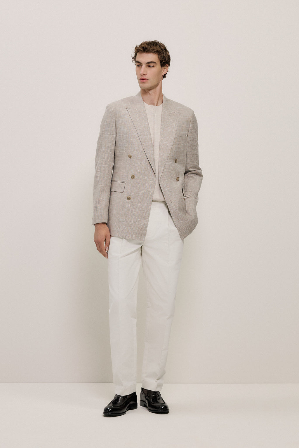 Textured Wool Blend Double Breasted Blazer