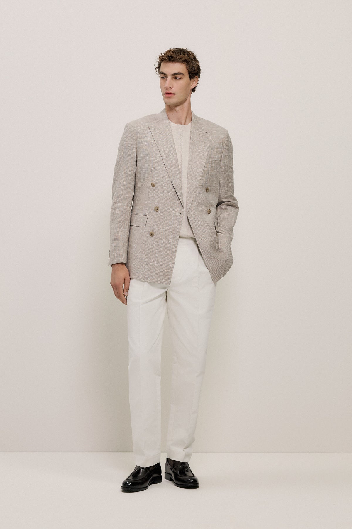 Textured Wool Blend Double Breasted Blazer