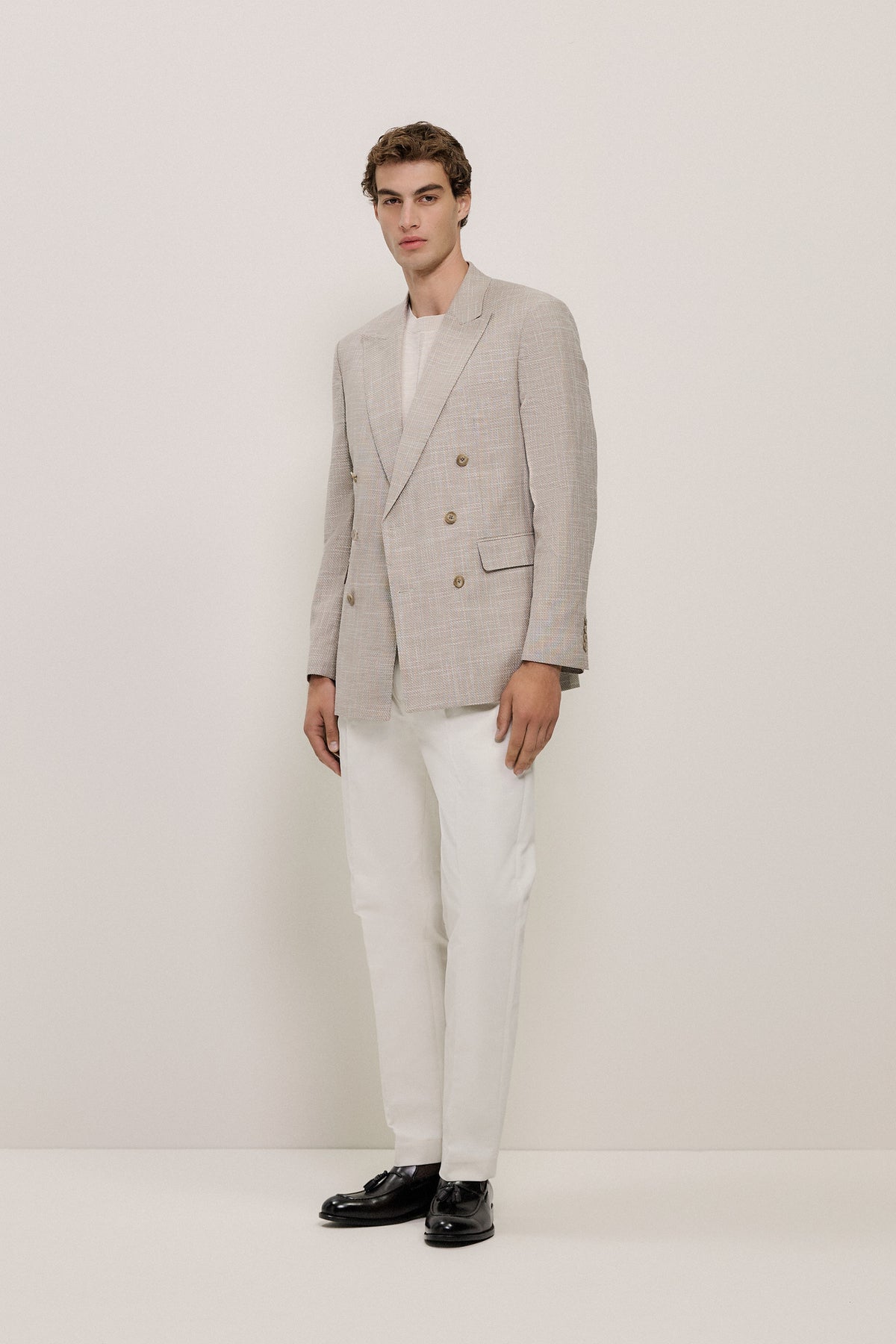 Textured Wool Blend Double Breasted Blazer