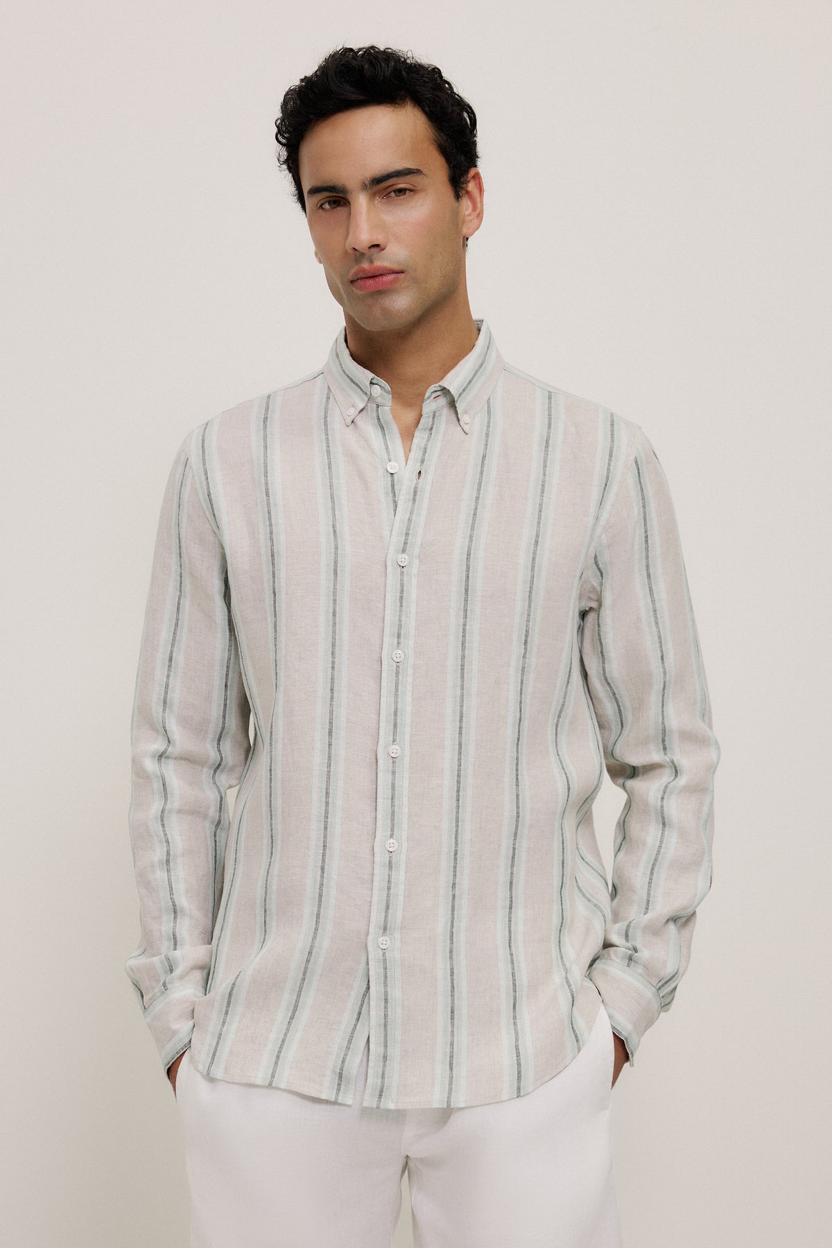 Yarn Dyed Linen Multi Stripe Long Sleeve Shirt