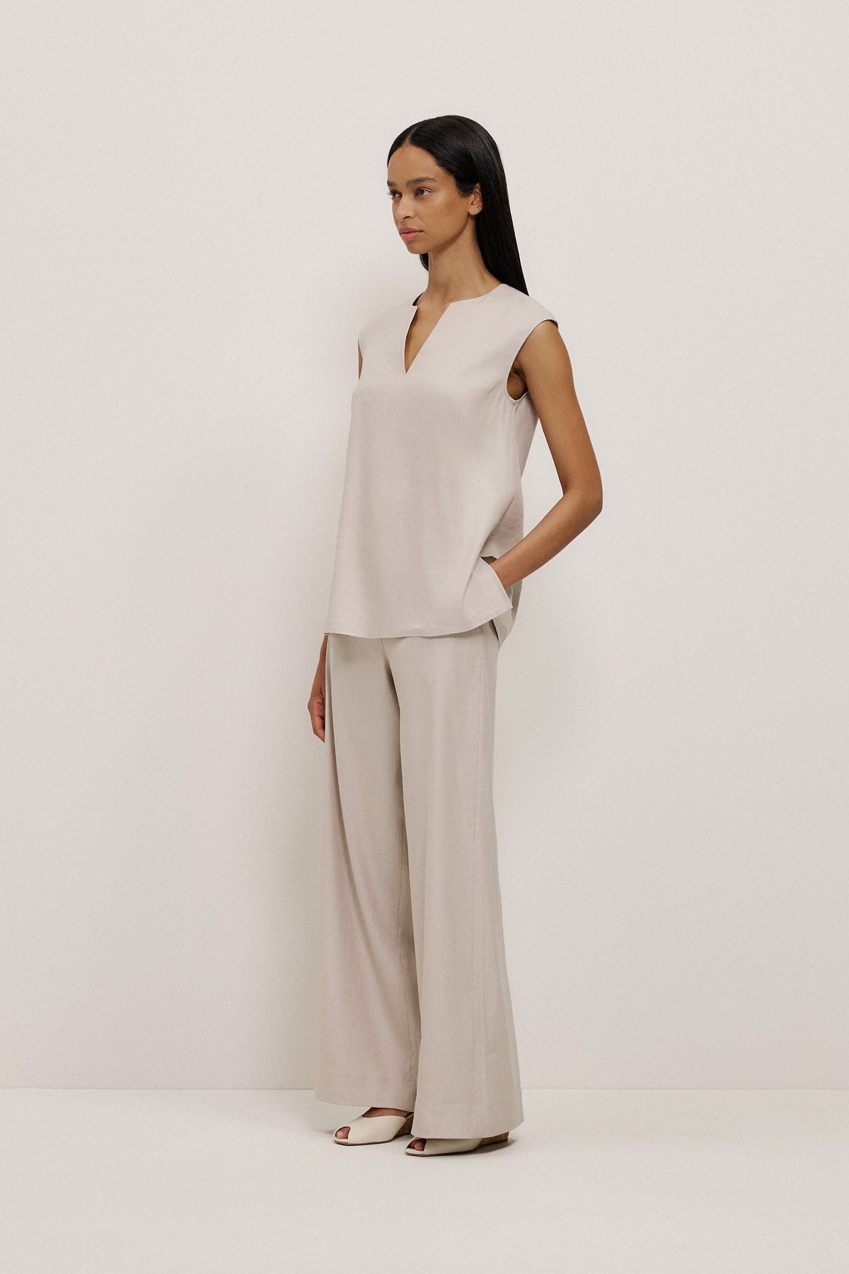Stretch Linen Blend Tailored Wide Leg Pant