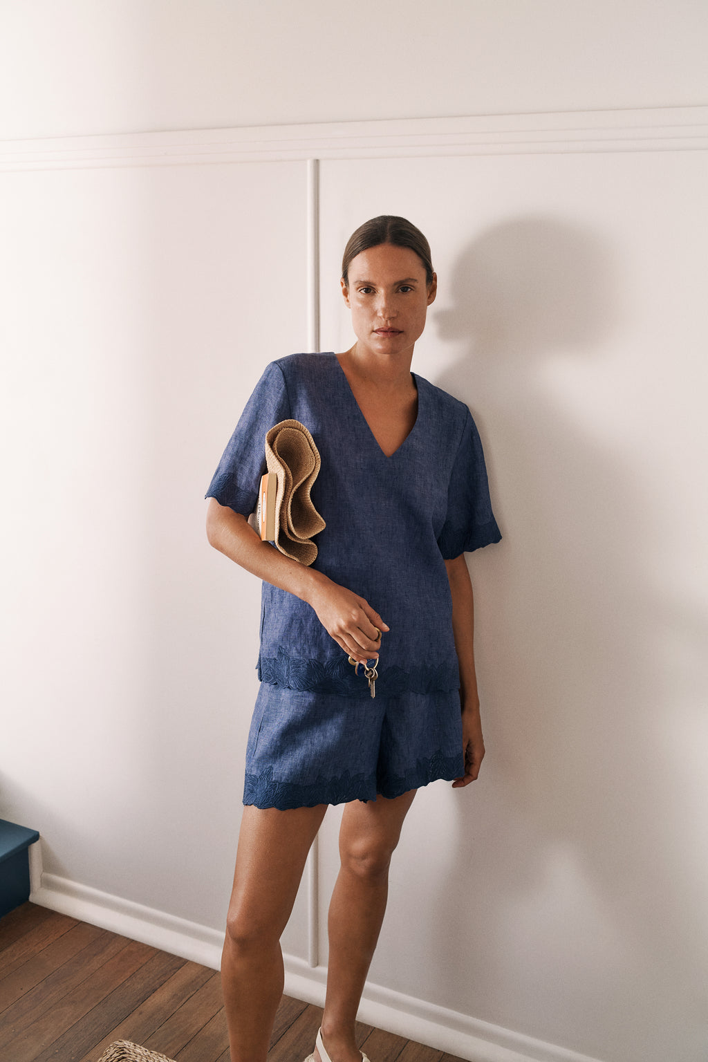 Linen Embroidered Detail Short