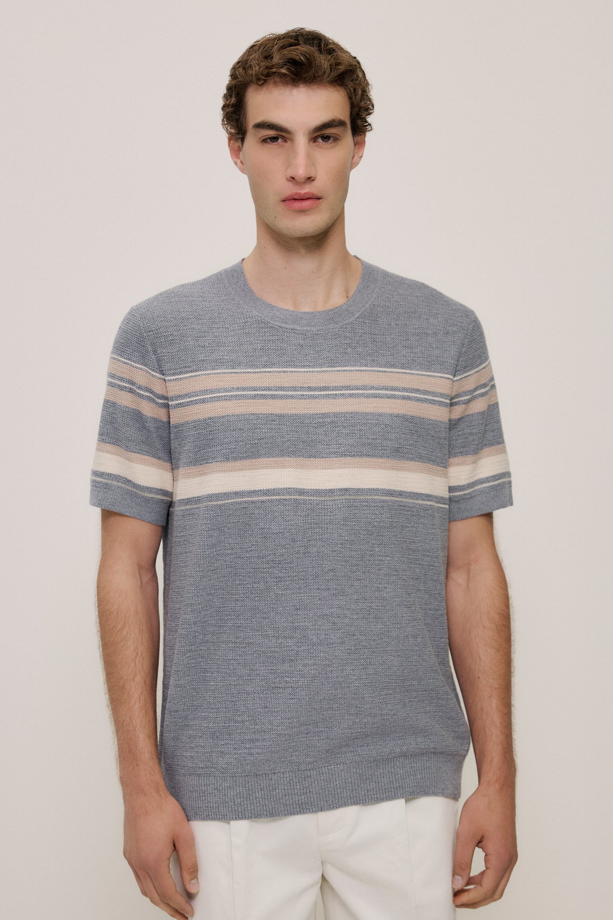 Cotton Linen Stripe Knit T-shirt