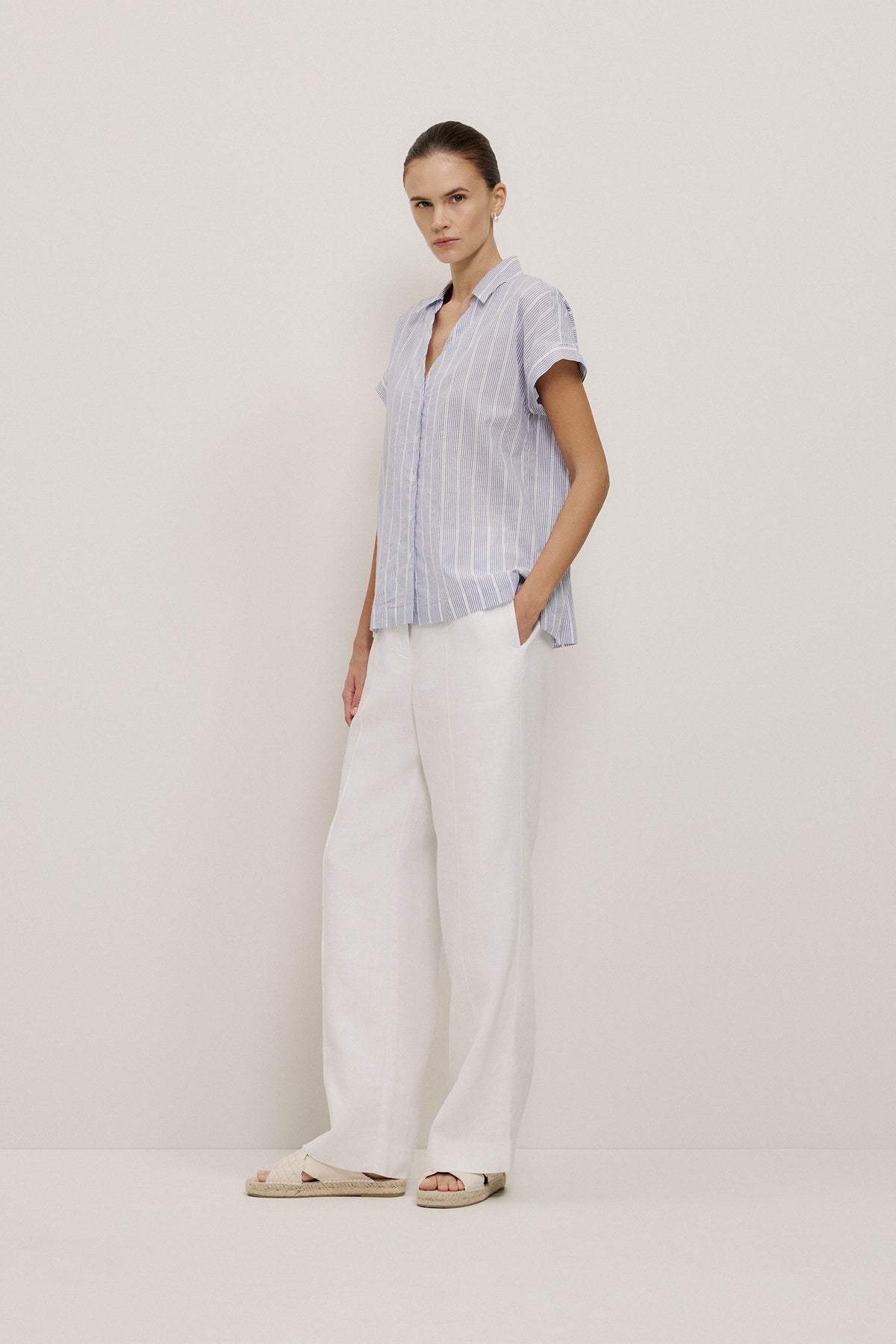 Cotton Stripe Lattice Detail Shirt