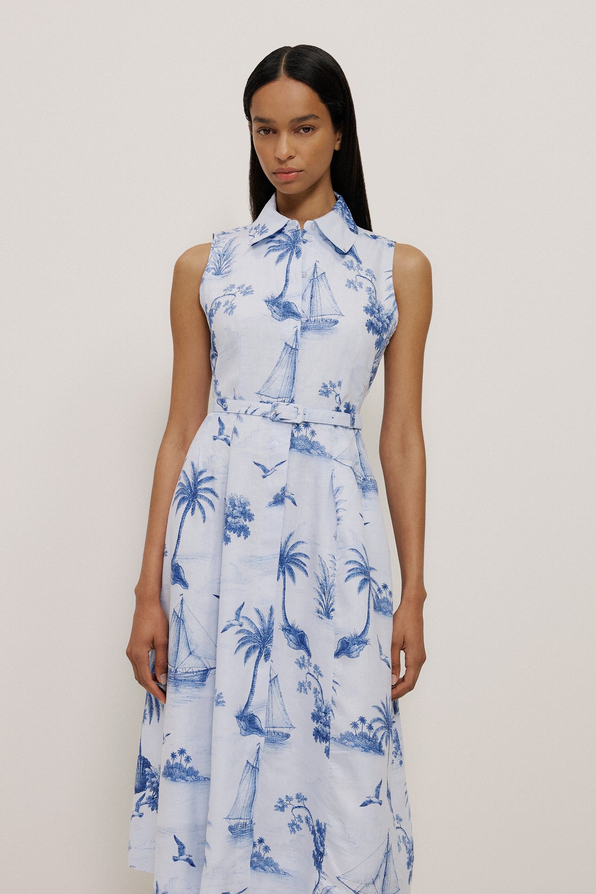 Toile Print Sleeveless Shirt Dress