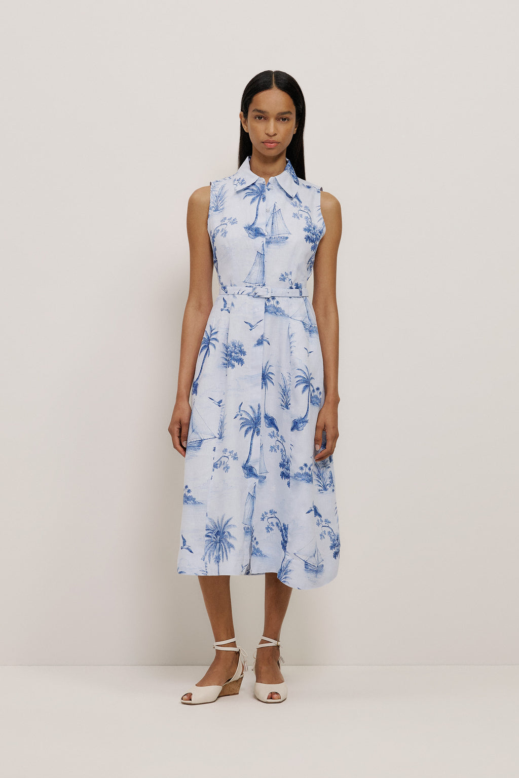 Toile Print Sleeveless Shirt Dress