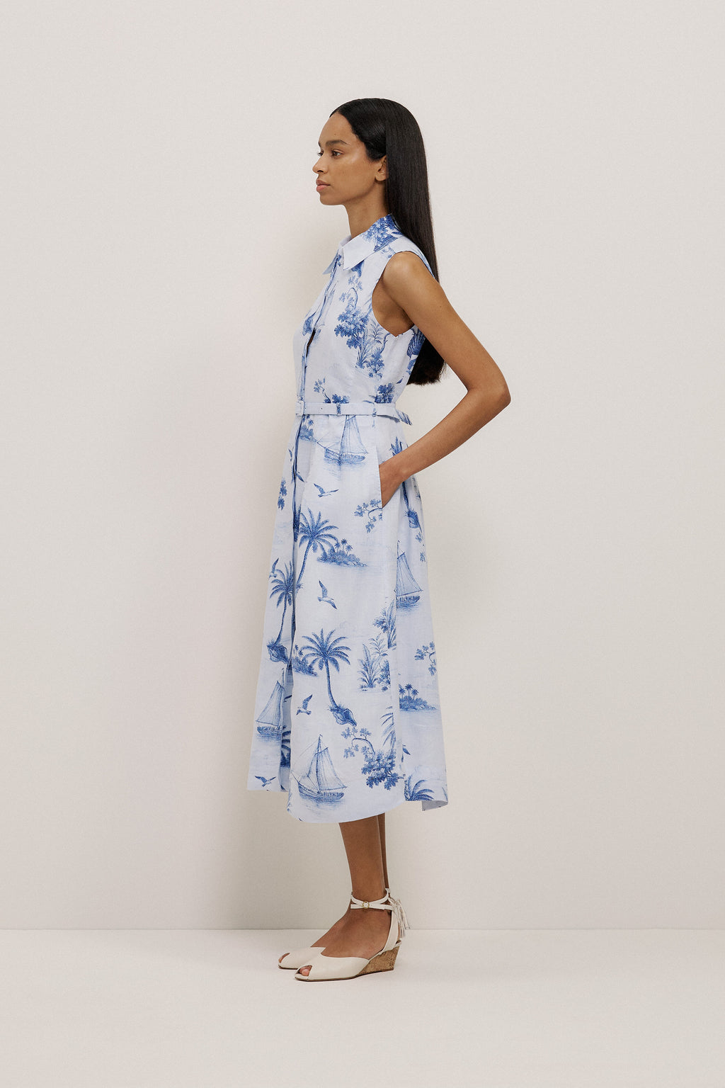 Toile Print Sleeveless Shirt Dress