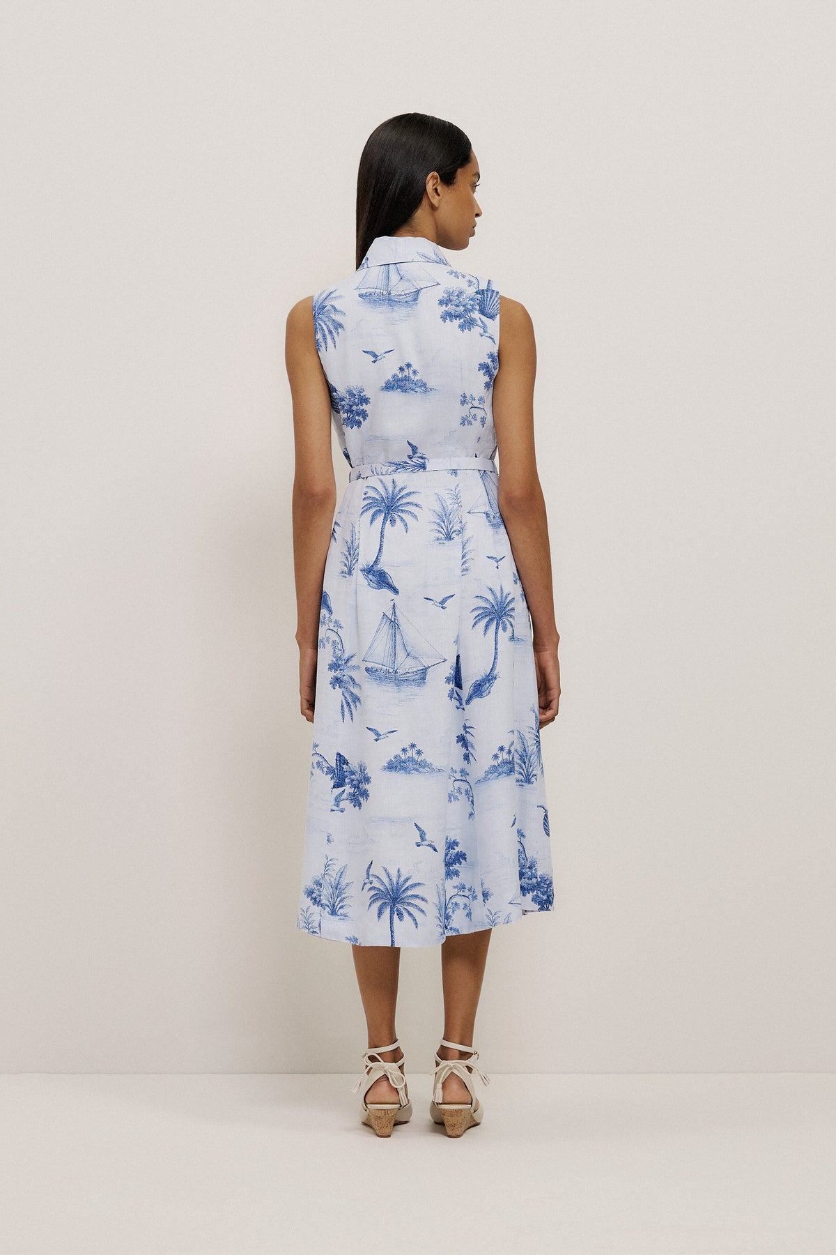 Toile Print Sleeveless Shirt Dress