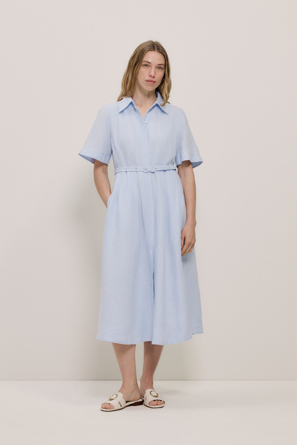 Linen Belted Short Sleeve Shirt Dress