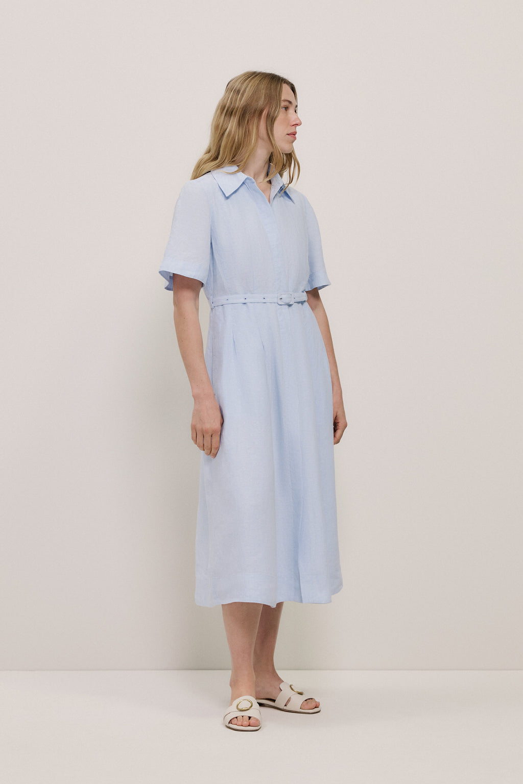Linen Belted Short Sleeve Shirt Dress