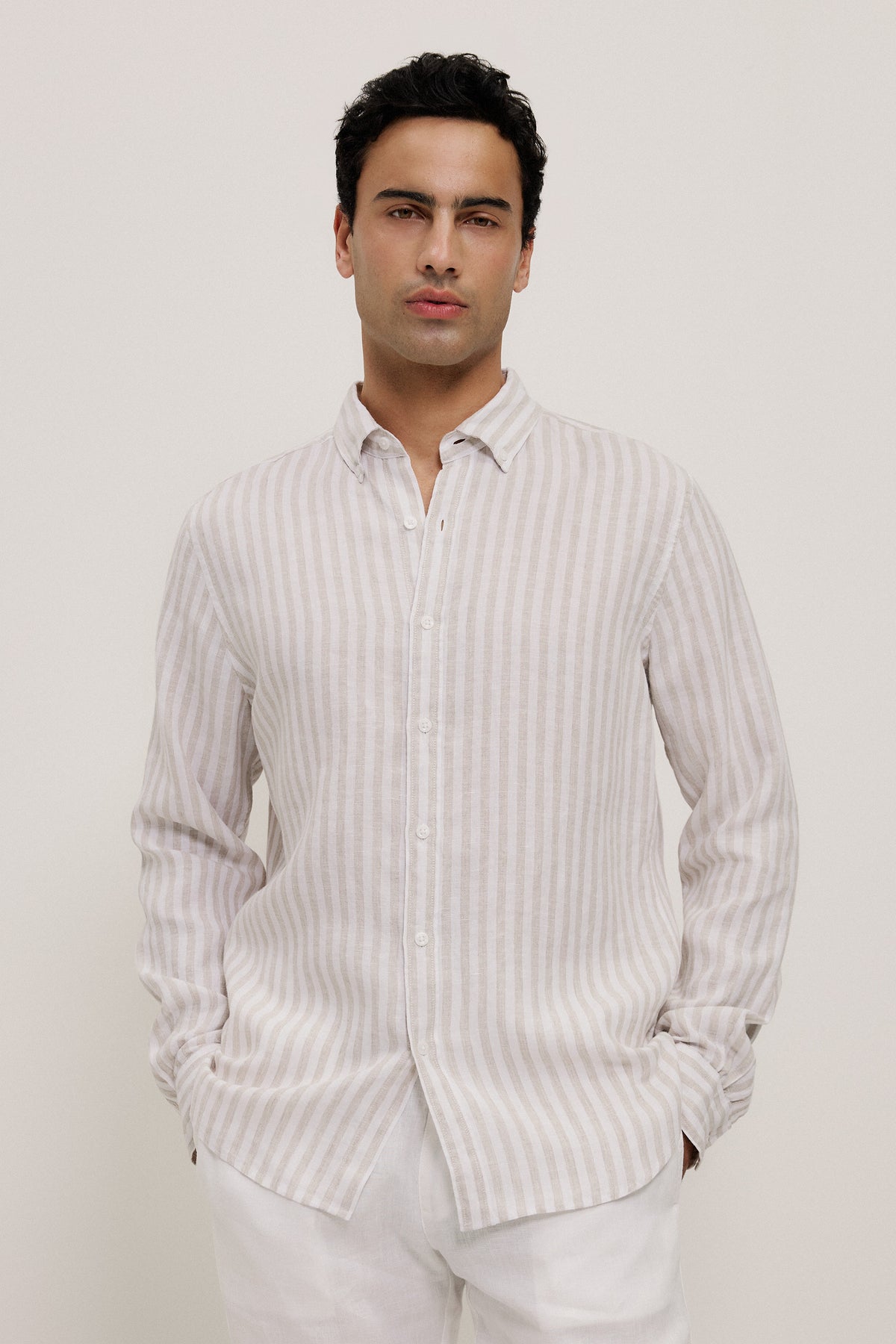 Yarn Dyed Linen Stripe Long Sleeve Shirt