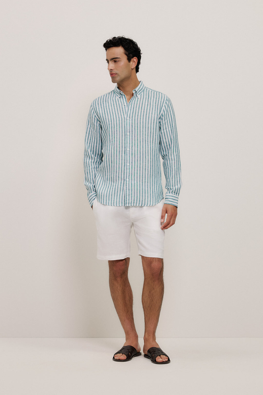 Yarn Dyed Linen Stripe Long Sleeve Shirt
