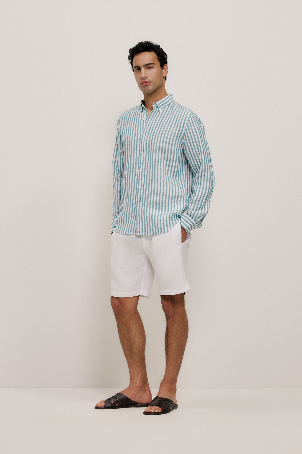 Yarn Dyed Linen Stripe Long Sleeve Shirt