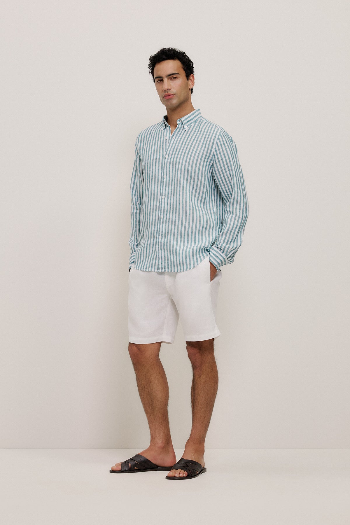 Yarn Dyed Linen Stripe Long Sleeve Shirt